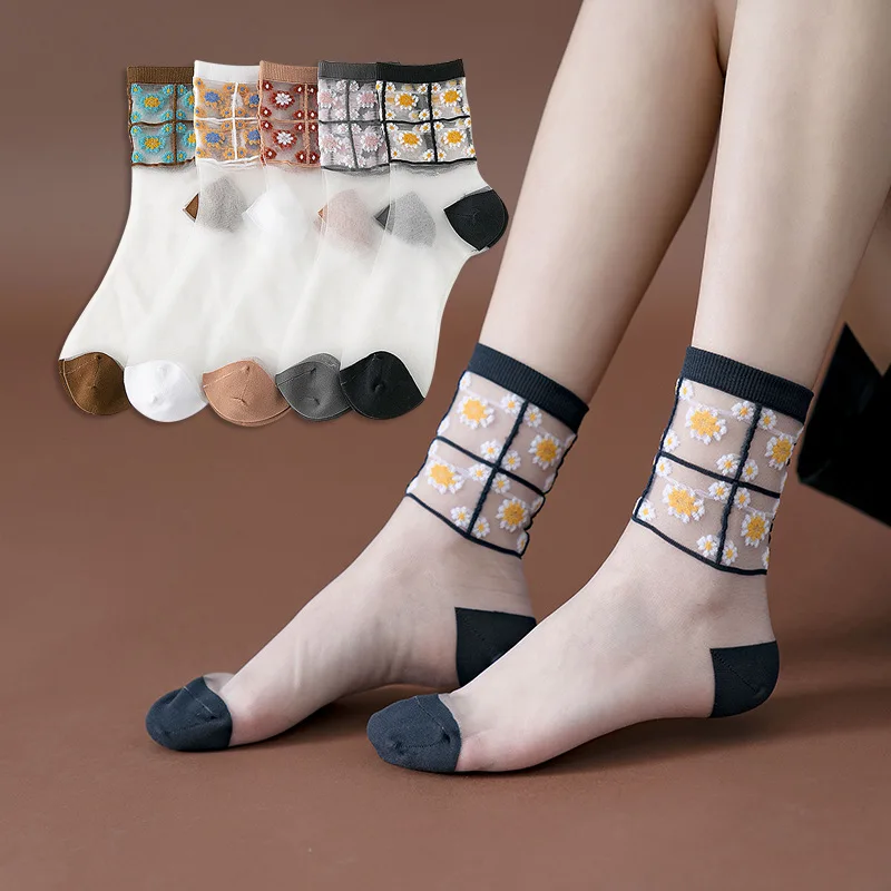 

Transparent Socks Women Summer Thin Glass Socks Ladies Daisy Socks Korean Style Crew Socks Harajuku Women Coton Lace Socks