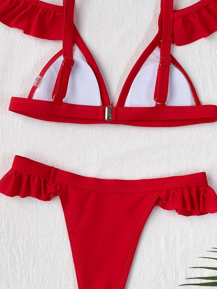 

Ruffles Red Bikinis Push Up Sexy Bikini 2021 New Arrival Padded Bra Low Waist Swimsuit Female Swimwear Women Biquini