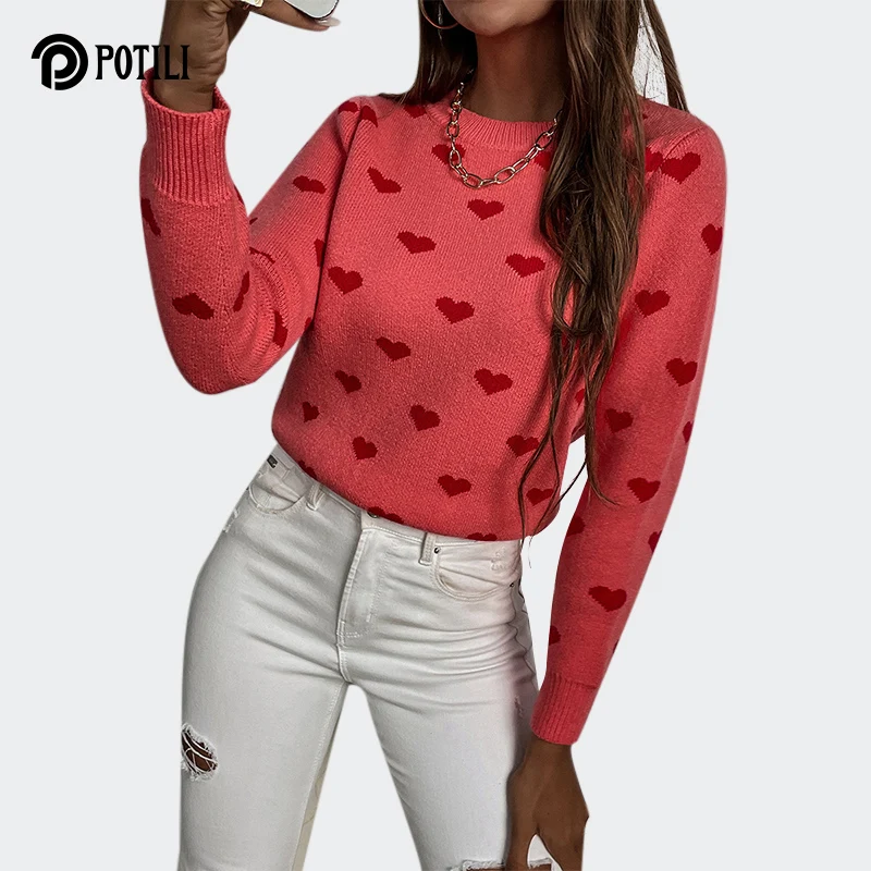 

Трикотажные красные пуловеры POTILI с украшением в форме сердца, осенне-зимний базовый свитер, топы с круглым вырезом, модная уличная одежда с ...