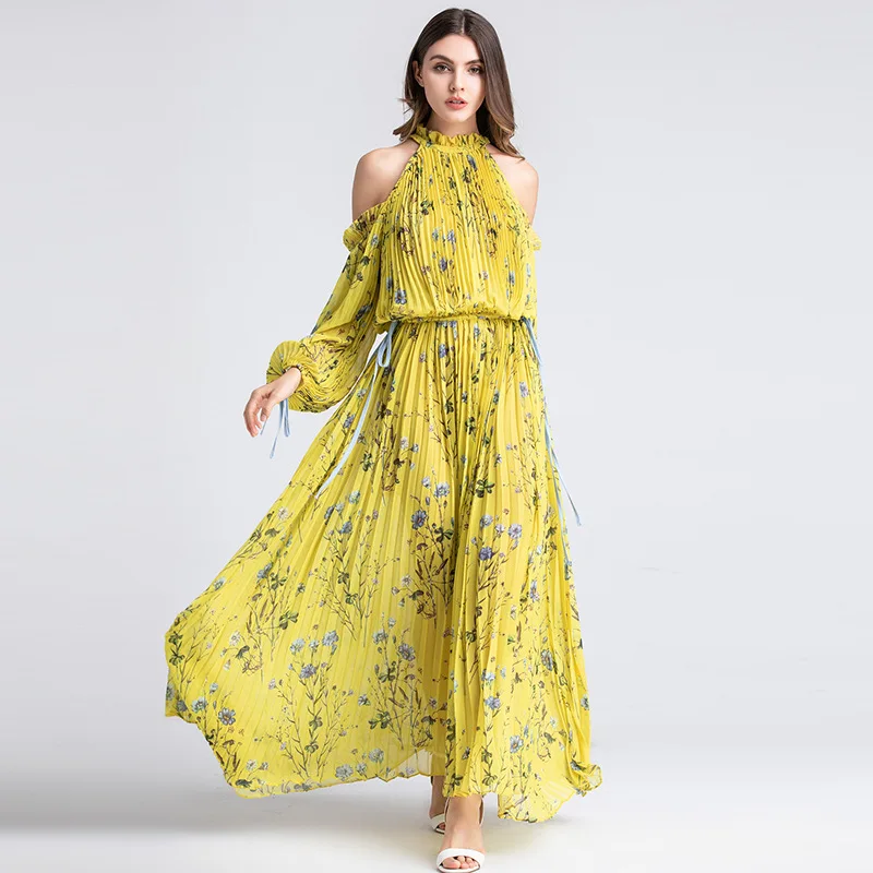 VKBN платье с длинным рукавом фонариком длиной до щиколотки Плиссированное