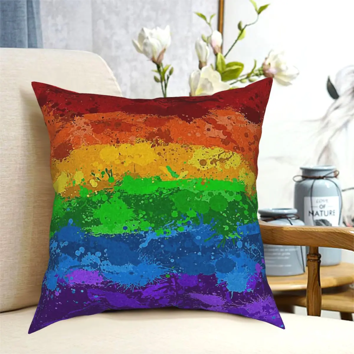 

Rainbow Paint Splatter Flag Throw Pillow Cushion Cover Decorative Pillowcases Case Home Sofa Cushions 40x40,45x45cm(Double Sides