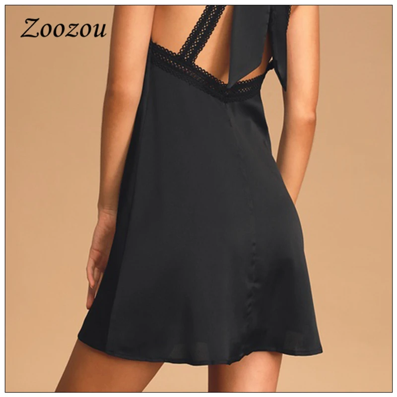 

Sexy Black Backless Lace Bandage Mini Dress Plus Size Silky Short Dress For Women Open Shoulder Chic Loose A Line Dress Custom