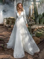 satin long sleeve country garden wedding dress v neck vintage elegant bond lace open back glamour bridal gowns