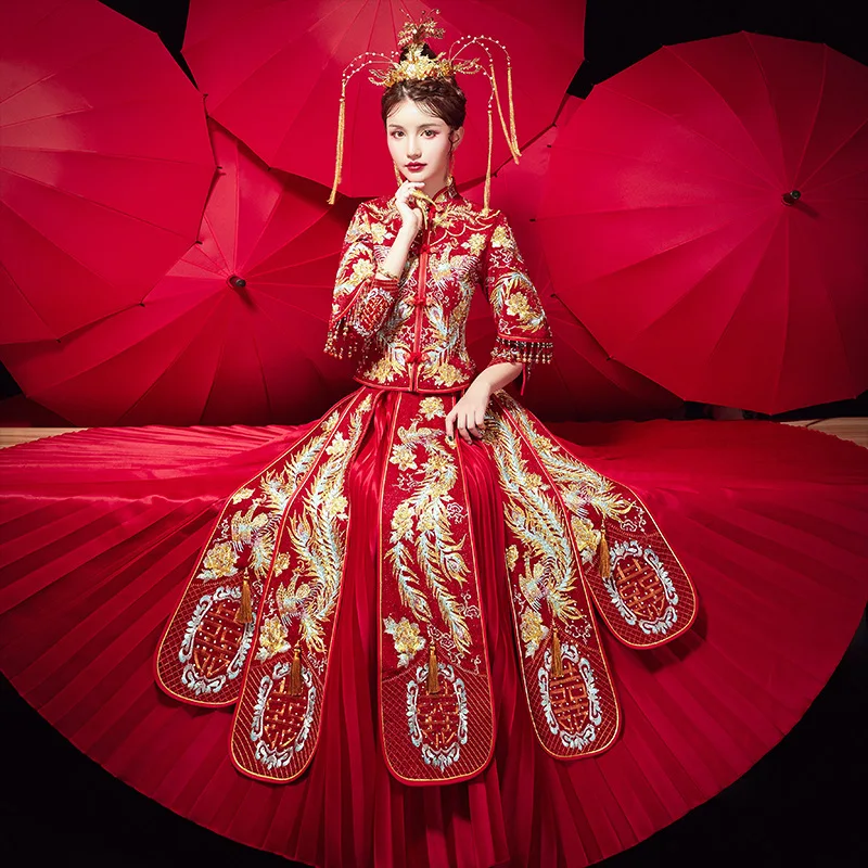 

FZSLCYIYI Вышивка Феникс официальное платье Королевский Свадебный Чонсам для невесты винтажный Китайский традиционный костюм Тан Ципао