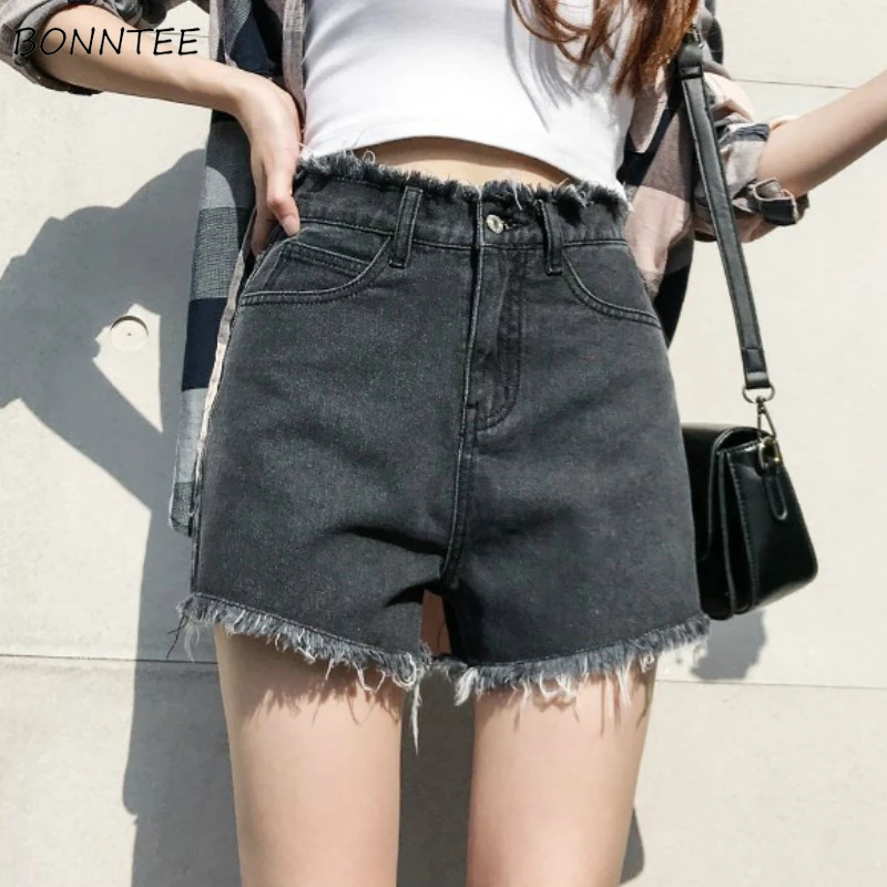 Shorts Women Solid Tassel Summer Cool Woman Denim Wide Legs Short Regular Loose Simple Leisure High Waist Ladies Popular Clothes | Женская