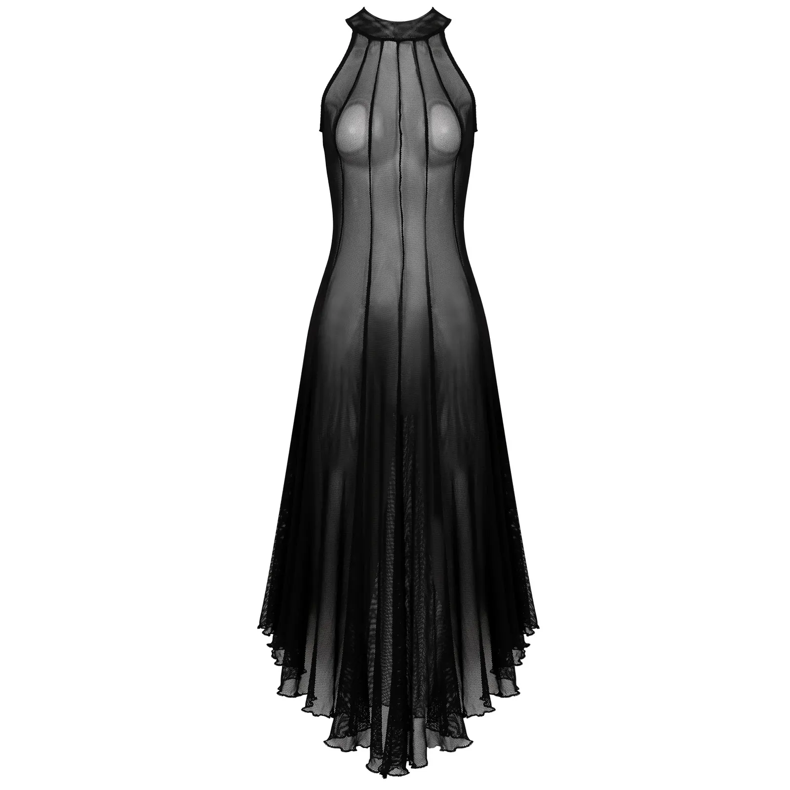 Womens Black Color Gothic See-through Mesh Dress Punk Mock Neck Sleeveless Dresses for Halloween Rock Concert