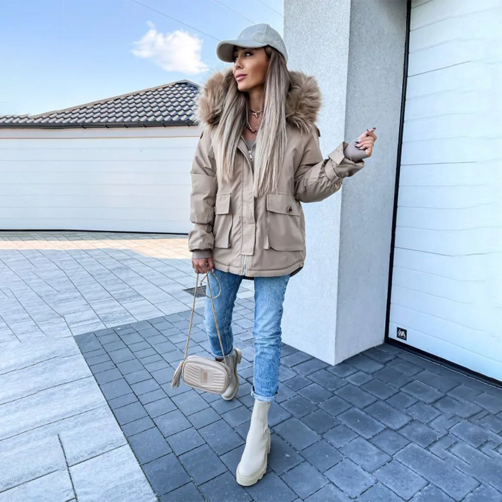 Women's Winter New Artificial Fur Collar Parka Coat Jacket Fashion Hooded Thick Warm Cotton Coat Soft Loose Snow Coat Plus Size