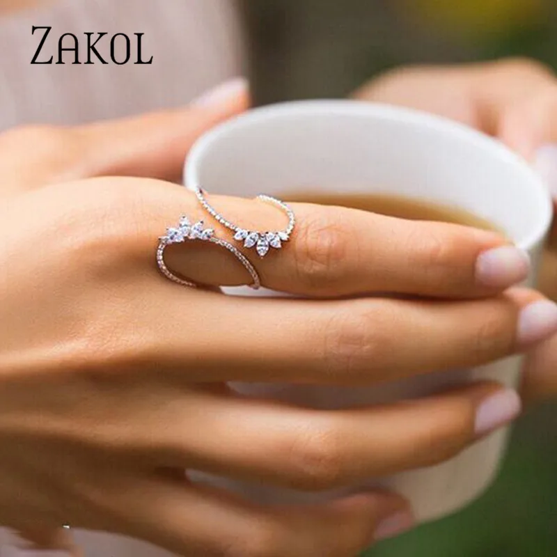 ZAKOL, милые, стильные, белые, циркониевые, открытые кольца, геометрическое, регулируемое кольцо, ювелирные изделия для женщин, вечерние, подарок, FSRP2015