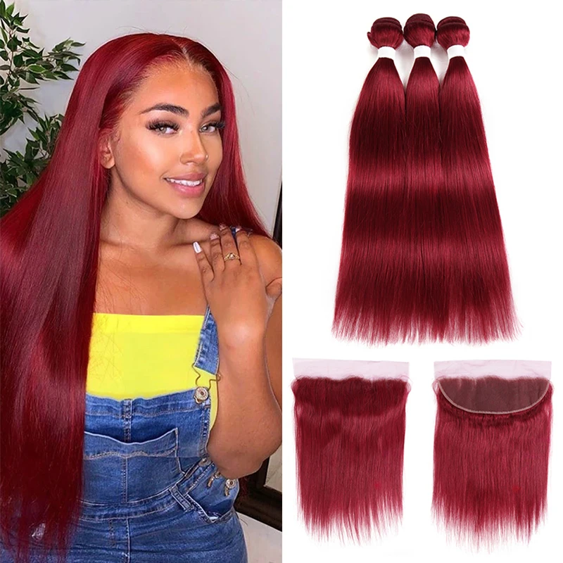 

Straight Hair Bundles With Lace Frontal 13x4 Red Burgundy 99J Brazilian Remy Human Hair 3 Bundles With Lace Closure 4x4 Euphoria
