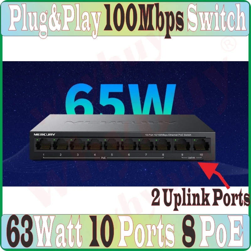 Фото 10 портов 2 порта связи 8 poe 65 Вт 100 Мбит/с MCU PoE коммутатор для интернет сети LAN Hub