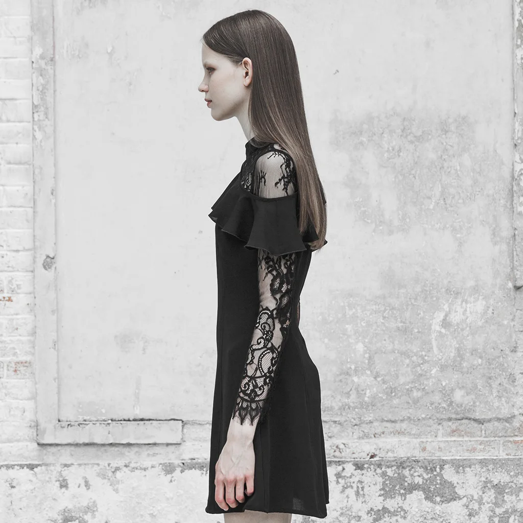 Панк RAVE женское кружевное сшитое платье с оборками шифоновое вышивкой и длинным