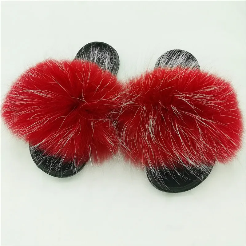 

Women Winter Fluffy Raccoon Fur Slides Lady Plush Fox Fur Slippers Real Fox Fur Flip Flops Women Fur Sandals Amazing Slides Shoe