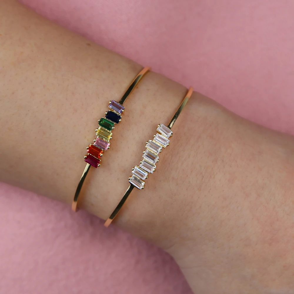 

open adjusted size white rainbow baguette cz bangle for women gilr fashion jewelry