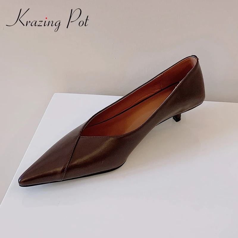 

Krazing pot new simple style full grain leather office lady dress sexy dating slip on pointed toe med thin heels women pumps L36