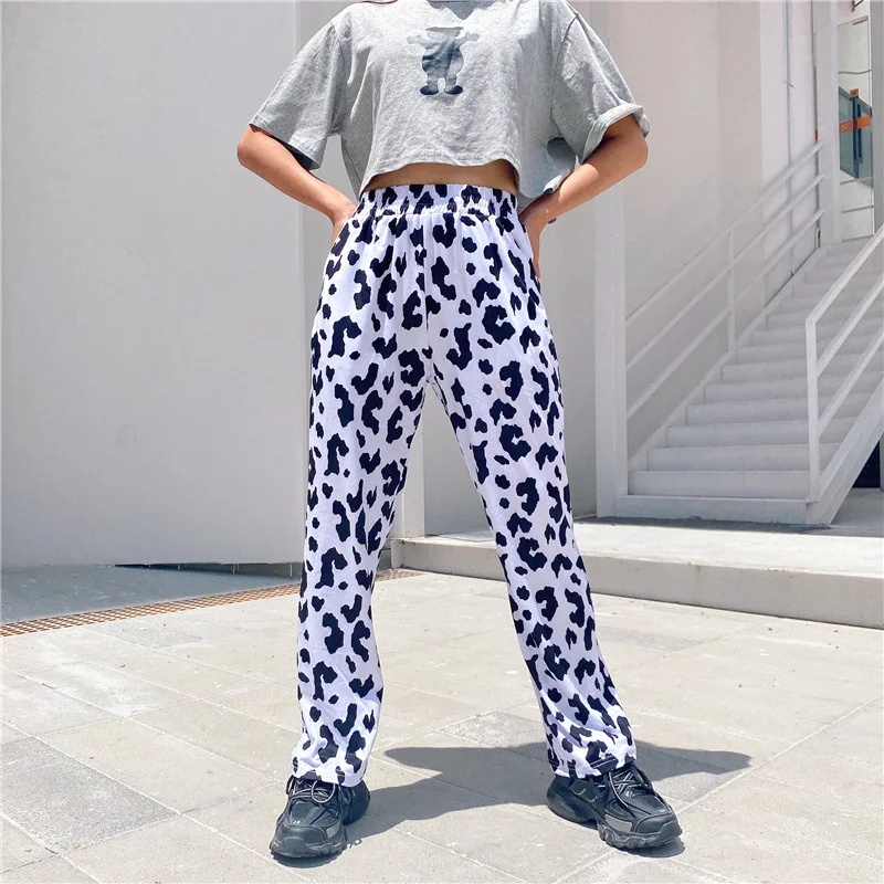 

n Cow Animal Print Trousers Women Casual Loose High Waist Long Pants Womens Black White Baggy Joggers Streetwear