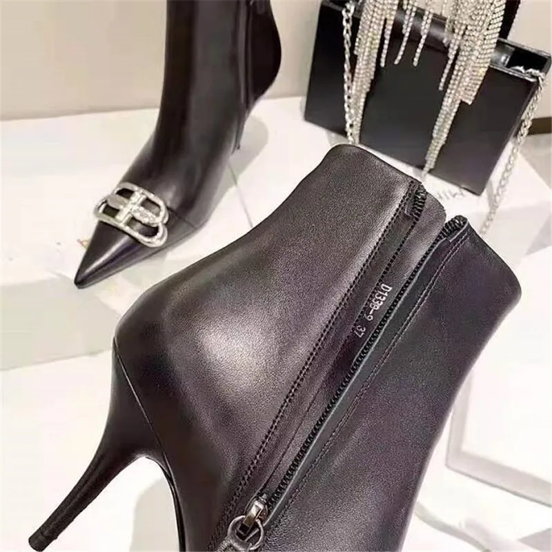 

2021 new leather net red women's boots authentic women's short boots fashion boots 10CM stiletto heel size 3-8 9 MAIERNISI