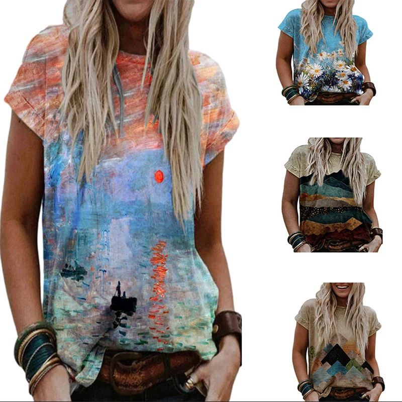 

2021 для женщин цветок с пейзажным принтом с круглым вырезом, коротким рукавом, футболка с круглым воротником и рукавами для женщин, с рисунко...