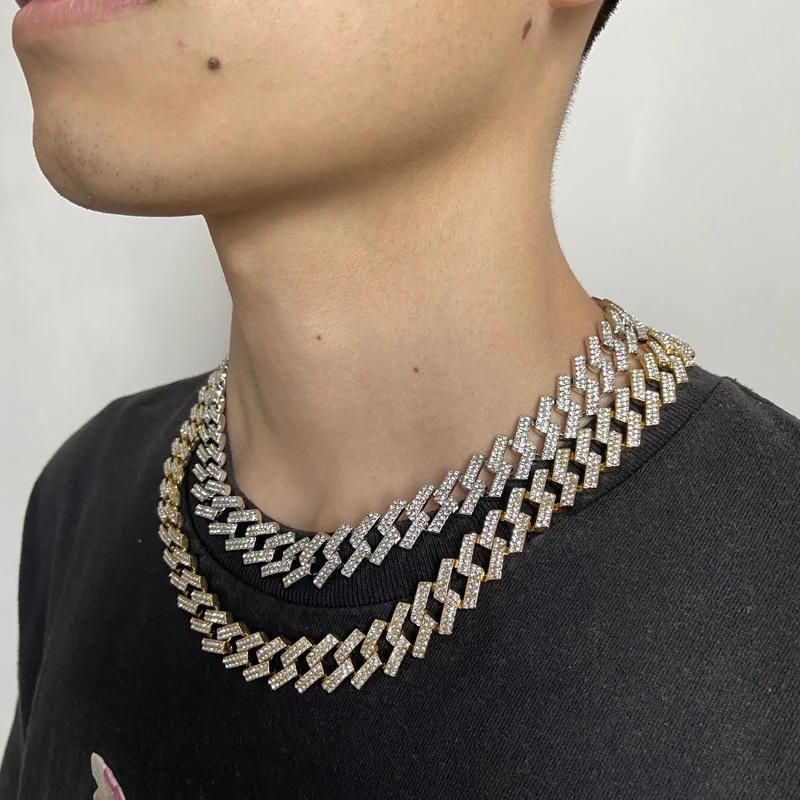 

15mm Hip-Hop Cuban Link Chains Necklaces Miami Iced Out Paved Rhinestone Chokers Bling Punk Bracelet Sets For Men Women Jewelry