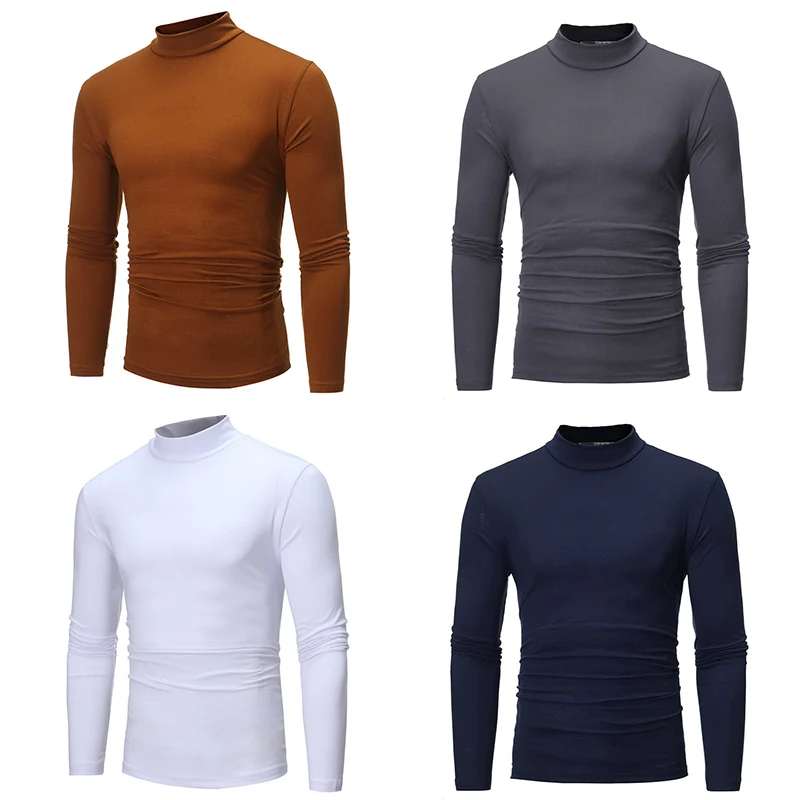 

Autumn Winter Mens Thin Thermal Tshirt Men's Half Collar Bottoming Slim Warm Cotton High Necked Long Sleeved T-shirt