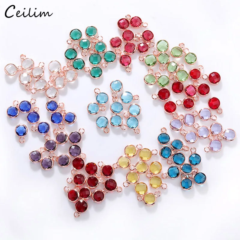 

10pcs Cute Colorful Crystal Birthstone Charms 6mm Round Beads Rose Gold Pendants for Diy Bracelet Jewelry Making Accessories