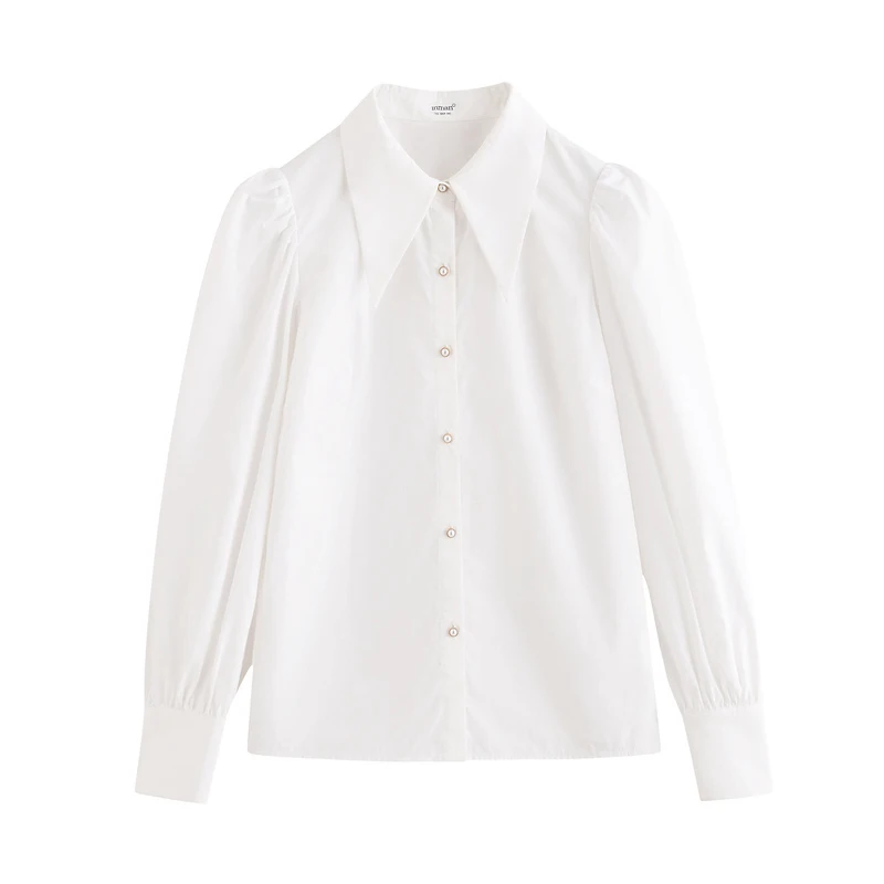 

INMAN Autumn Spring Women's Blouse Retro Elegant Big Pointed Collar Folds Design Buttons Vintage White Shirt