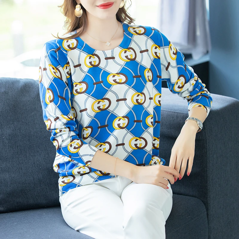 Luxury Designer Brand Runway Sweater Women Elegant Long-sleeve Loose Printed Knitted Pullovers Soft Tops Feminino New | Женская одежда