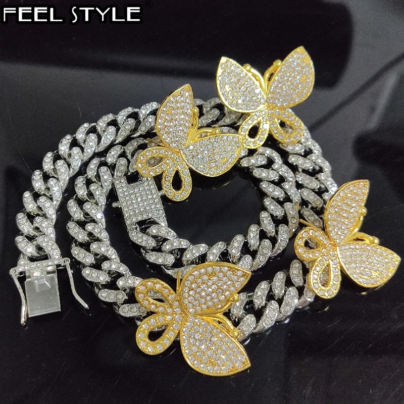 

Hip Hop Iced Out Paved Rhinestones 12MM Gold Full Miami Curb Cuban Chain With Butterfly Necklaces For Men Jewelry