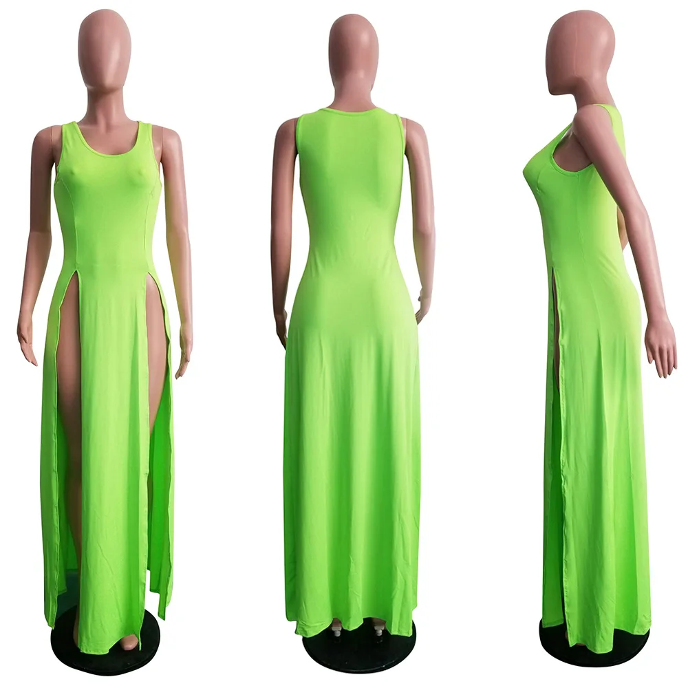 

Summer New Womens Dress Sexy Side Slit Solid Color Long Dresses