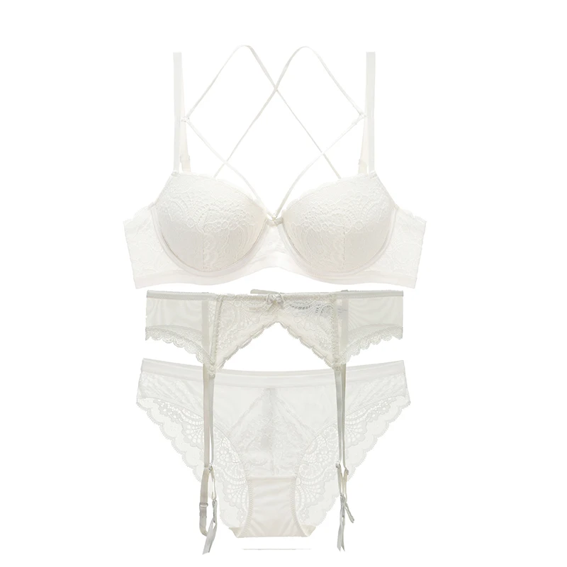 Белый Sexy Lace Bra+ Panties+ Garters Set Underwear Push Up Bra Thick Padded Backless Bandage Bra A B C D Cup Women Lingerie - Цвет: Белый