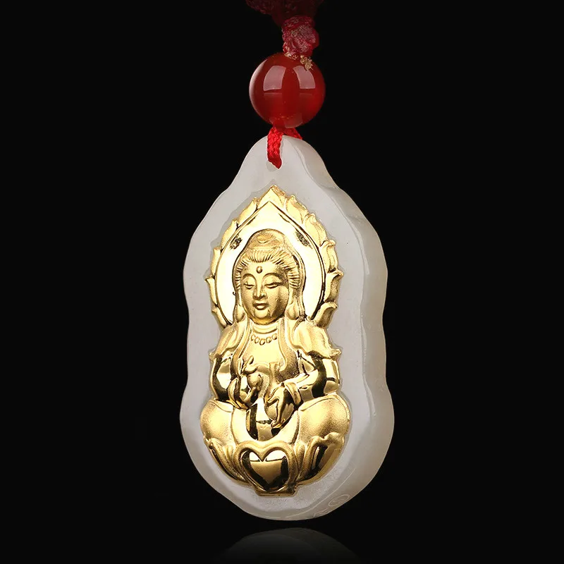 Натуральный китайский сорта хотанской (Hetian) белого нефрита кулон Будды сусальным