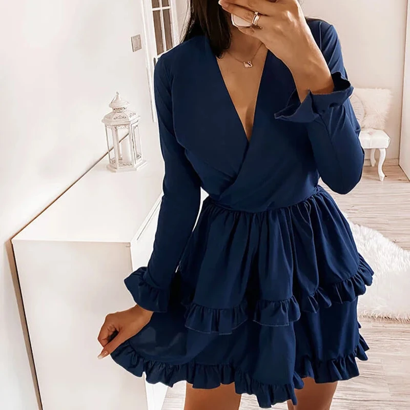 

New Arrived Flared Sleeves Ruffles V Neck Sexy Dress Women Spring Autumn Long Sleeve A-Line Solid Sashes Mini Dresses