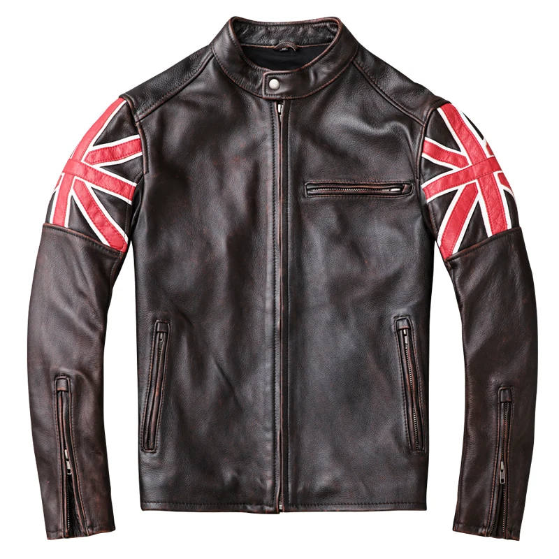 

Autumn And Winter Top Layer Leather Jacket Dark Brown Men's Short Stand Collar Vintage Motorcycle Leather Jacket