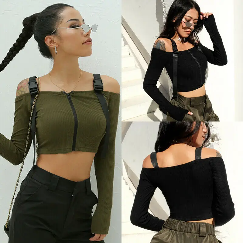 

Hirigin 2020 Women Two Colors Knitted Long Sleeve Crop Tops Pullover Zip Up Ladies Tops Plus Size S-XXL