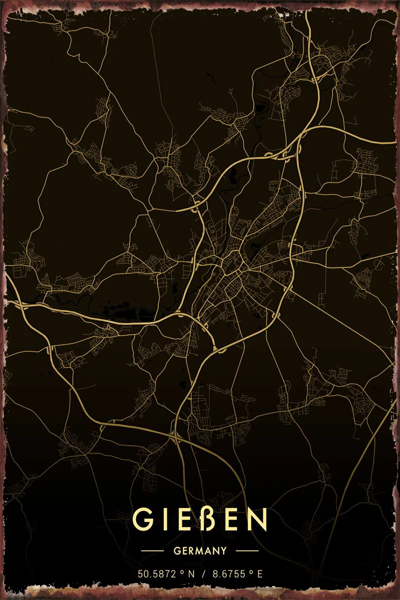 

Giessen Карта города, золотые оловянные пластины, декор стен, декор комнаты, Ретро винтажный металлический знак, жестяной знак для паба, дома, кл...