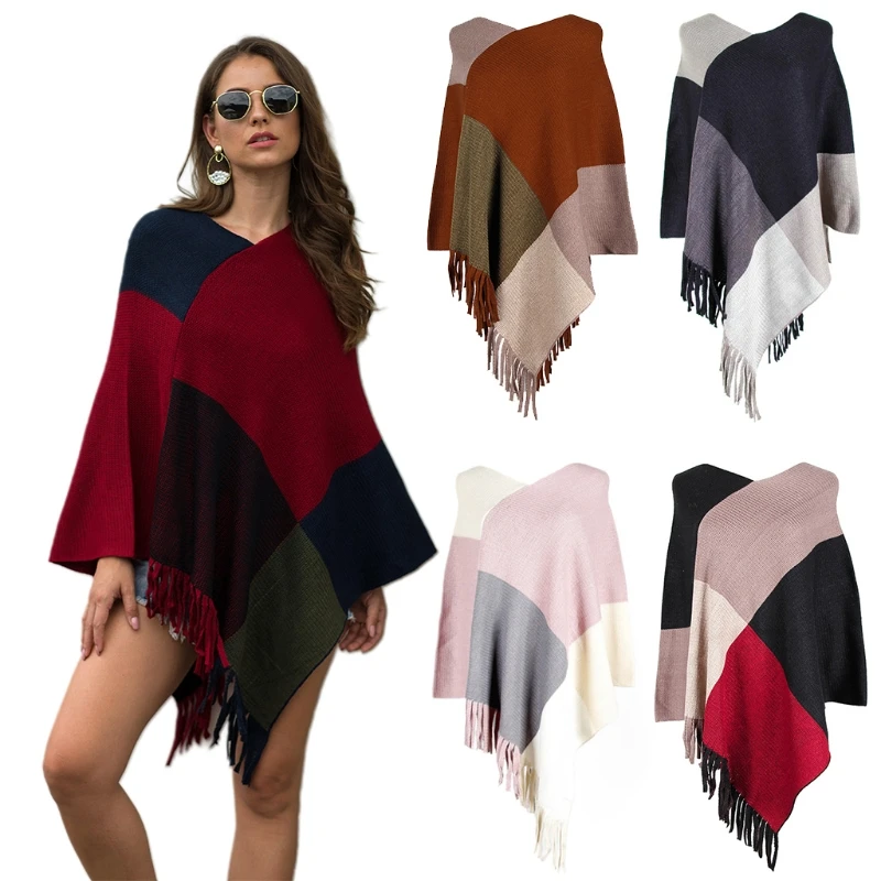 

Women Autumn Color Block Poncho Cape Asymmetric Tassels Hem Knitted Shawl Scarf Wrap Vintage Fringed Loose Pullover Sweater Top