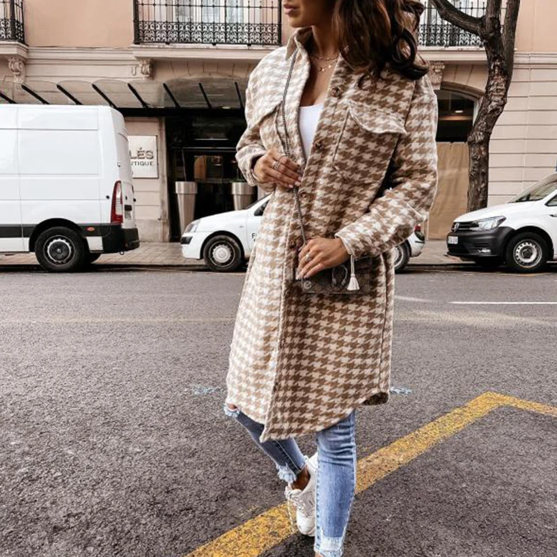Casual Lapel Single-Breasted Lady Outwear Women Houndstooth Plaid Loose Overcoat New Fashion Long Sleeve Autumn Winter Wool Coat