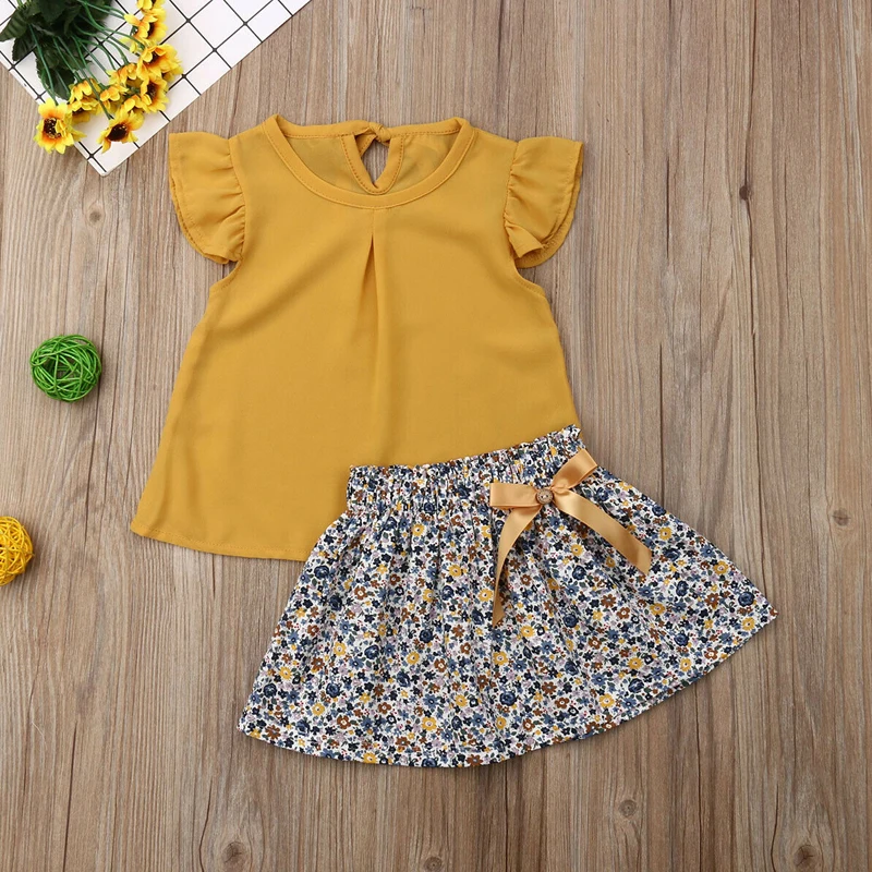 2019 Summer Clothing 1-5Y Toddler Kid Baby Girl Clothes Set Yellow Chiffon Ruffle Tops Floral Print Skirt 2pcs Outfits | Мать и ребенок