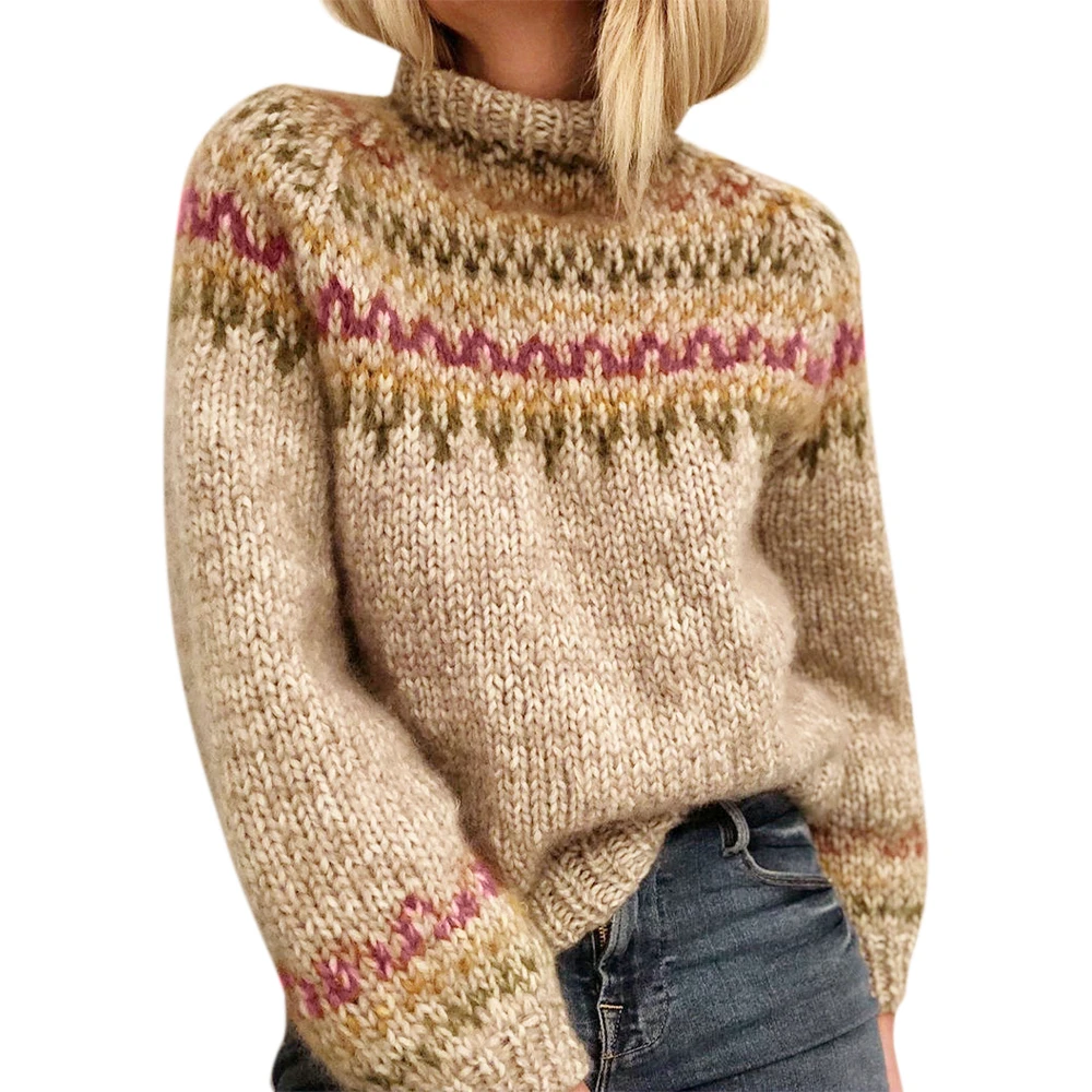 

Turtleneck Women Sweaters Vintage Long Sleeve Pullover Knitted Grey Apricot Winter Jacquard Jumper Clothes Female Boho Sweaters