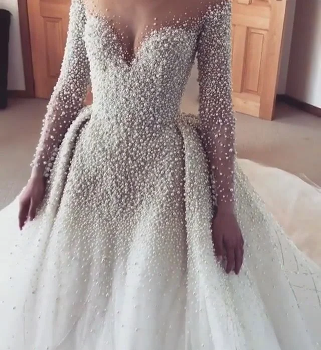 Pearls Beaded Detachable Wedding Dresses Mermaid Luxury Arabic Dubai Long Sleeves Bridal Gowns Vestido De Noiva Brautkleider