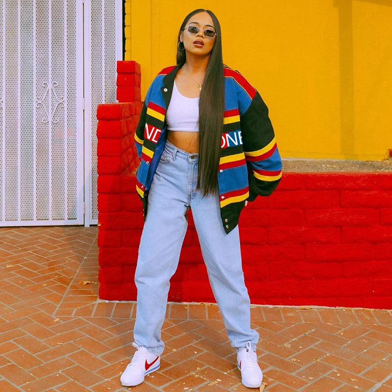 

Модная женская куртка 2021, зимнее однобортное Свободное пальто в цветную полоску с буквенным принтом, с воротником-стойкой, уличные хипстерс...