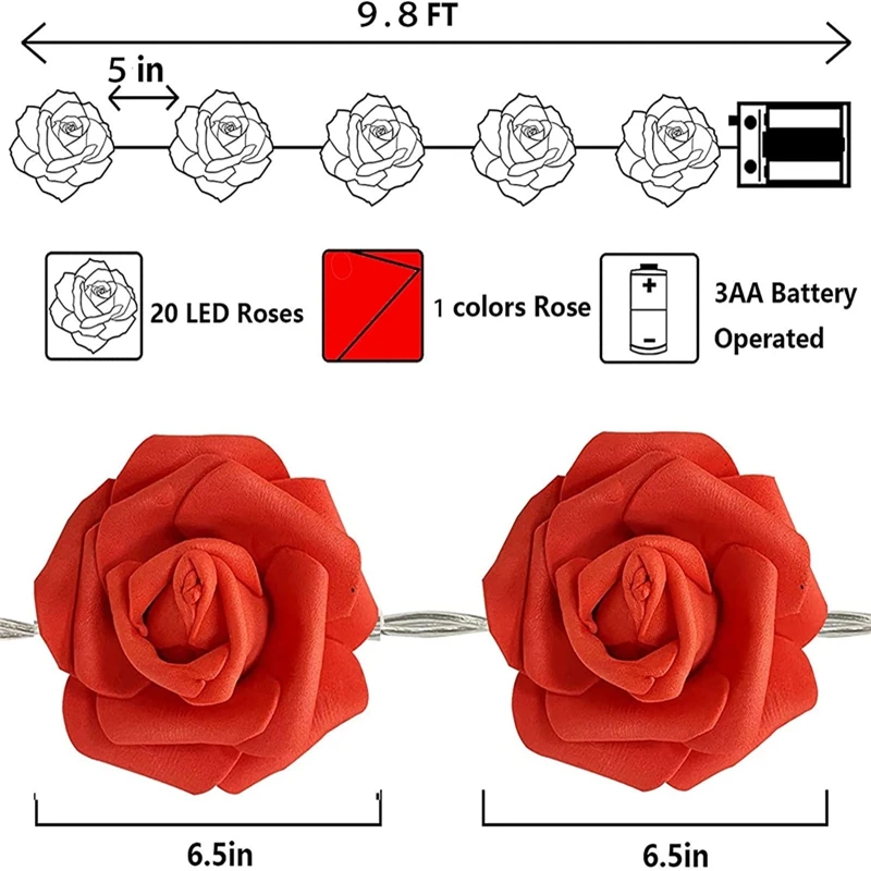

Rose Light 20 Led String Lights Valentine Decorations Battery Powered For Wedding Party Valentine's Day Indoor&Outdoor Romantic