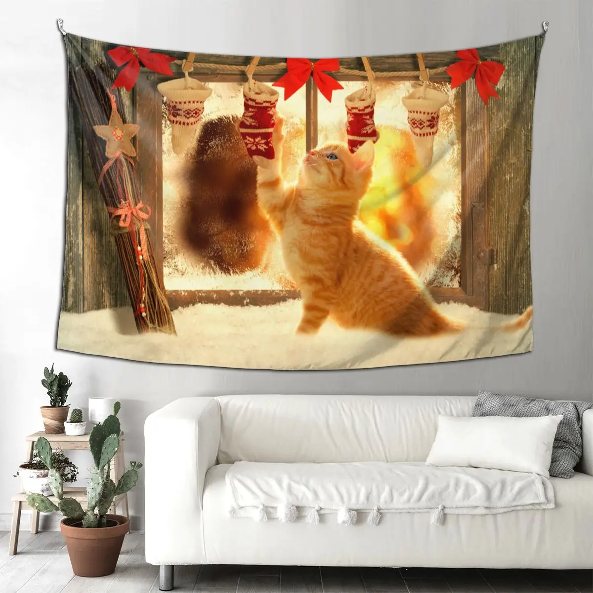 

Рождественский подарок, гобелен для камина, кота, настенный тканевый настенный гобелен в стиле хиппи, рождественское сказочное одеяло, комн...