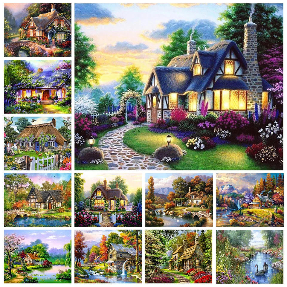

Scenery Diamond Painting Kit Full 5D DIY Square Round Diamond House Diamond Embroidery Lakeside Diamond Mosaic Home Decoration