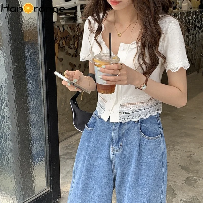 

2021 Summer Women Lace Stitching T-shirt Short-sleeved Tees Female Temperament Slim Short Top