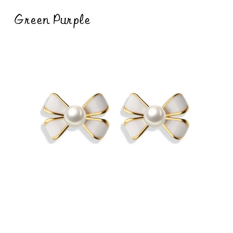 

100% 925 Sterling Silver Bowknot White Enamel Charm Female Stud Earrings For Women Girls 18k Gold Color Fine Earring Jewelry