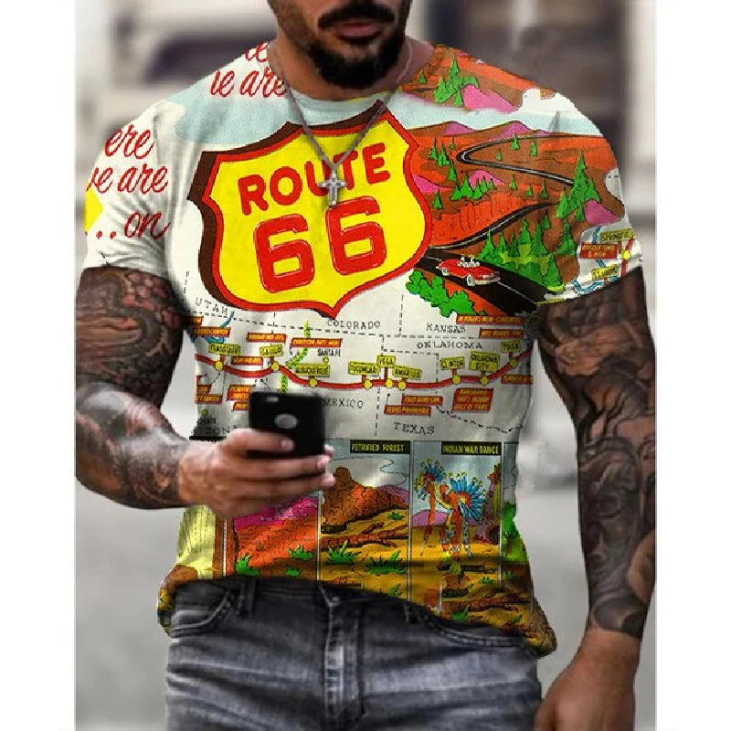 Summer Trend Men's Oversized T-shirt 66 Route Street Hip Hop 3d Printed Fashion Short Sleeve ​tee 66 Route T-shirt For Men Hot