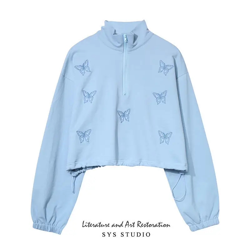 

2021 Sweatshirt Blouse Women Spring New Casual Loose Design Zip Up Hoodie Drawstring Butterfly Embroidery Long-sleeved Short