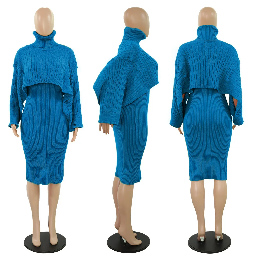 Autumn Winter Knitted Sweater Two Piece Set Turtleneck Long Sleeve Loose Crop Top+ Bandage Midi Tank Dress Plus Size Tracksuit