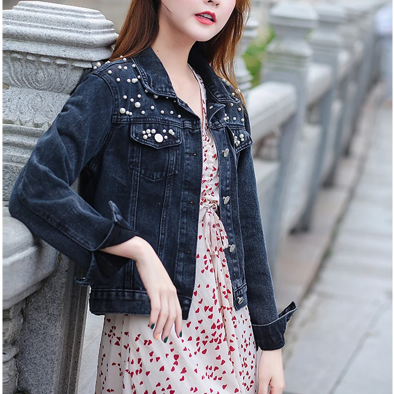 

2021 Women's Denim Jacket Black Trade Beaded Pearl feminine Spring Autumn Long Sleeve Blue Outerwear Slim Female Jean Jacket