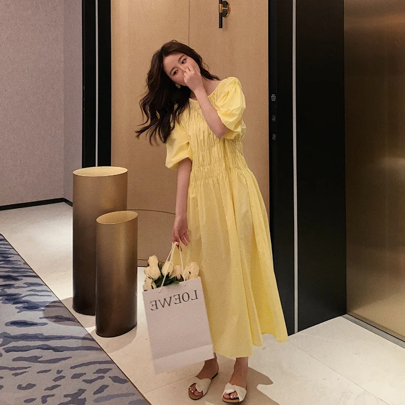 

2021 Elegant OL Series Spring Summer Fashion Yellow Short Sleeve Maxi Dress Long Korean Office High Quality Women Clothing